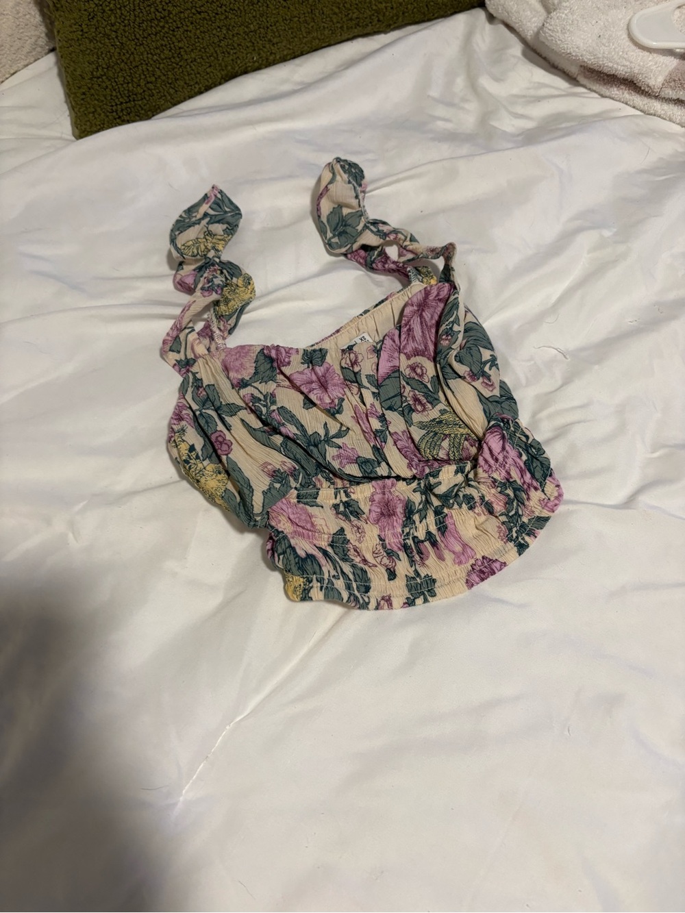 Abercrombie & Fitch Floral Smocked Tie-Shoulder Crop Top - Pink, Green & Cream